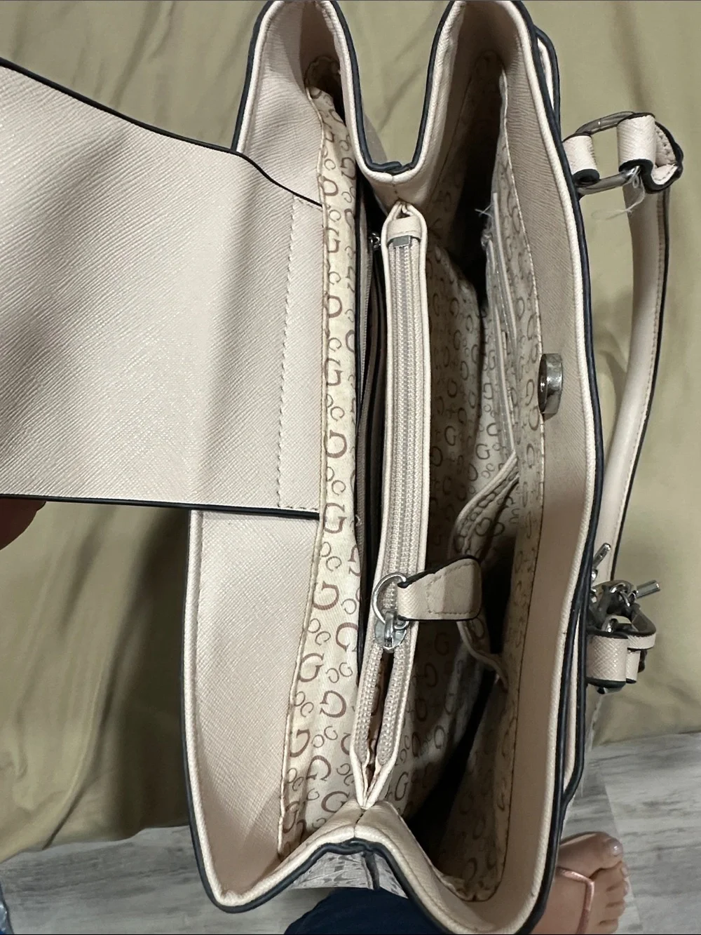 GUESS Cream Logo Tote Satchel with Silver Charm
